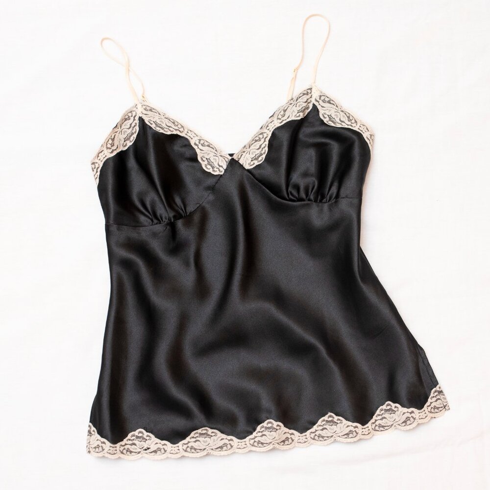 Black Satin Cami with White Lace Trim
